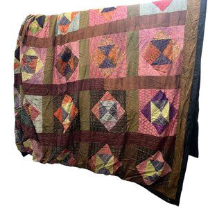 Indian Silk Pathwork quilt coverlet bedspread multicolor earthy  QUEEN